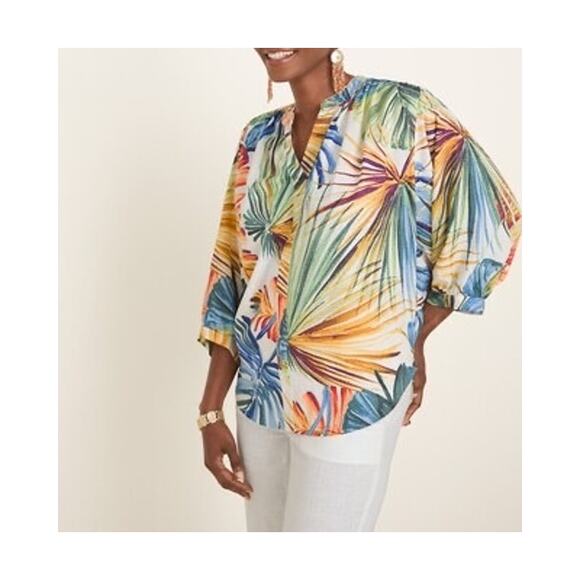 Chicos Palm Print Top Womens 1 Medium Resort Vacation Tropical Relaxed Billowy - Picture 2 of 11